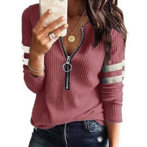 Zipper V-neck patchwork long sleeve