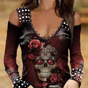 New long sleeved lace V-neck printed t-shirt