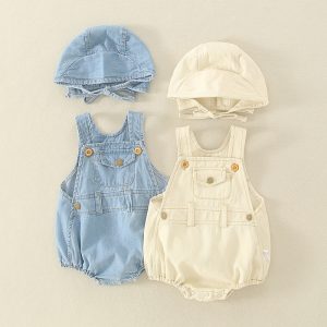 Summer light-colored denim romper and hoodie set for babies