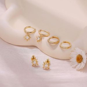 Stainless Steel Star Drop Earring Set for Women Elegant Crystal