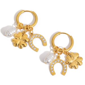 J&D 18K Gold Plate Stainless Steel Earrings Classic Acrylic Pearls Rhinestones