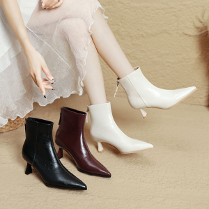 New autumn-winter women's boots - white high-heeled boots with thin heels and mid-calf length, French-style short boots
