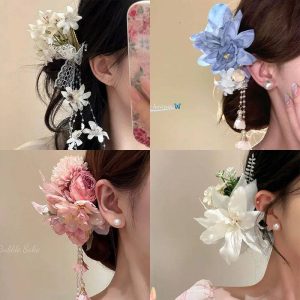 peony flower tassel hair clip