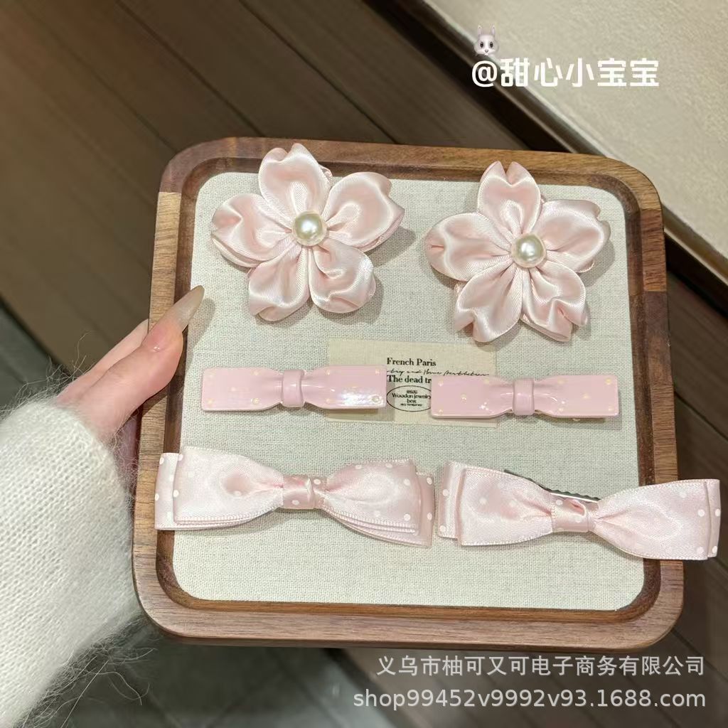Cute Girly Pink Cherry Blossom Bow Polka‑Dot Hair Clip