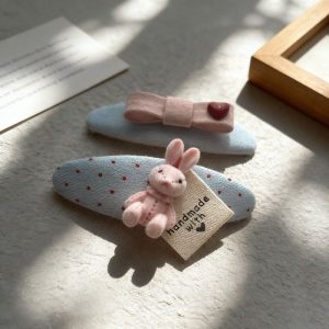 Sweet Pastel Pink Bunny & Heart Hair Barrettes