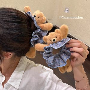 plush bear plaid scrunchie