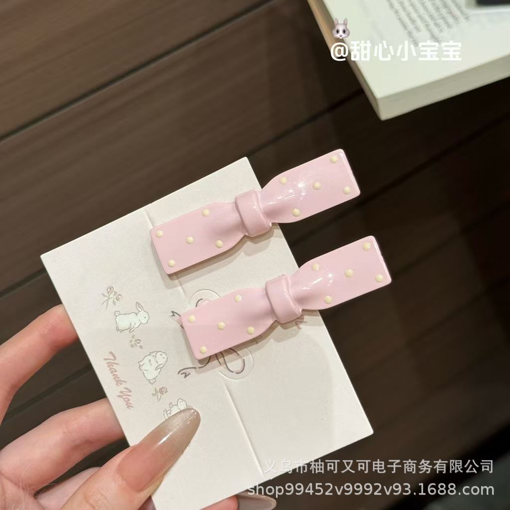 Cute Girly Pink Cherry Blossom Bow Polka‑Dot Hair Clip - Image 2