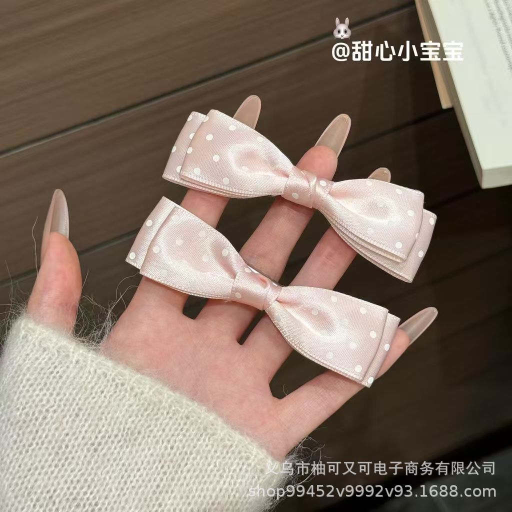 Cute Girly Pink Cherry Blossom Bow Polka‑Dot Hair Clip - Image 3