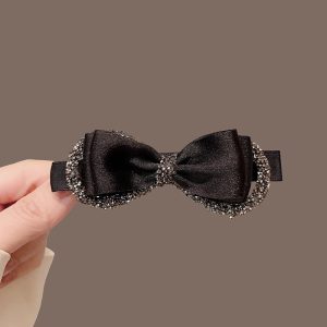Black Bow Rhinestone Spring Hair Clip, Elegant Decorative Hair Barrette for Women