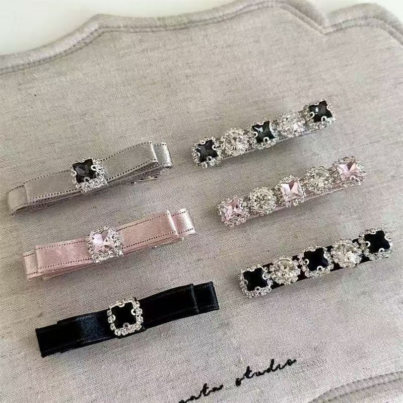 Korean‑style Light Luxury Rhinestone Hair Pin, Bow Satin Hair Clip