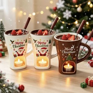 Christmas Ceramic Mug with Candle Warmer for Chocolate Fondue