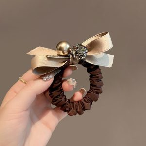 French Elegant Pearl Bow Scrunchie, Luxury Satin Elastic Hair Tie