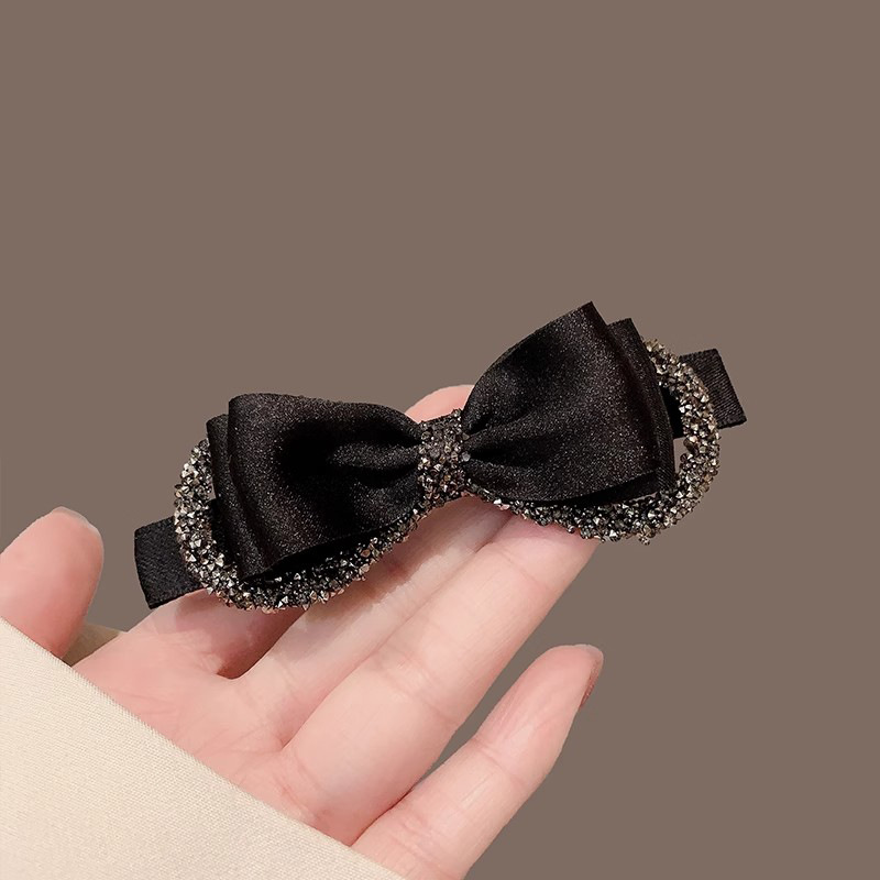 Black Bow Rhinestone Spring Hair Clip, Elegant Decorative Hair Barrette for Women - Image 3