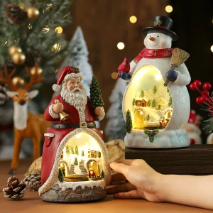 Resin Rotating Christmas Ornament LED Light Santa Music Box