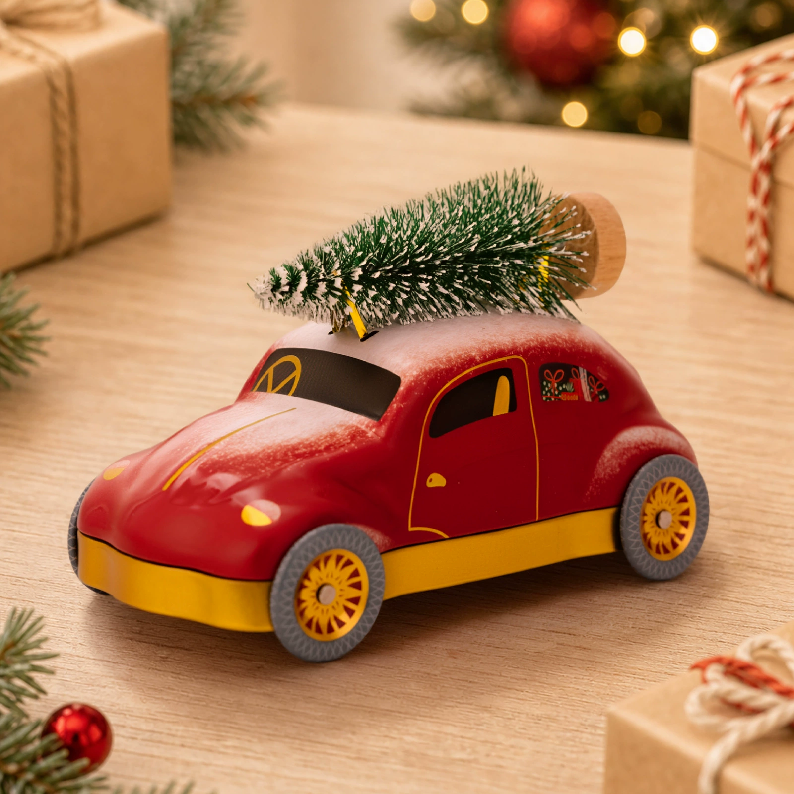 Vintage Red Car Christmas Tin Box