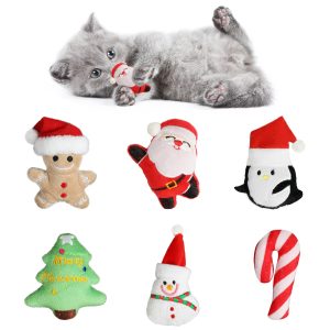 FOIMAS 6Pcs Christmas Catnip Toys, Plush Santa Snowman Tree Interactive Chew Toys for Indoor Cats & Kittens