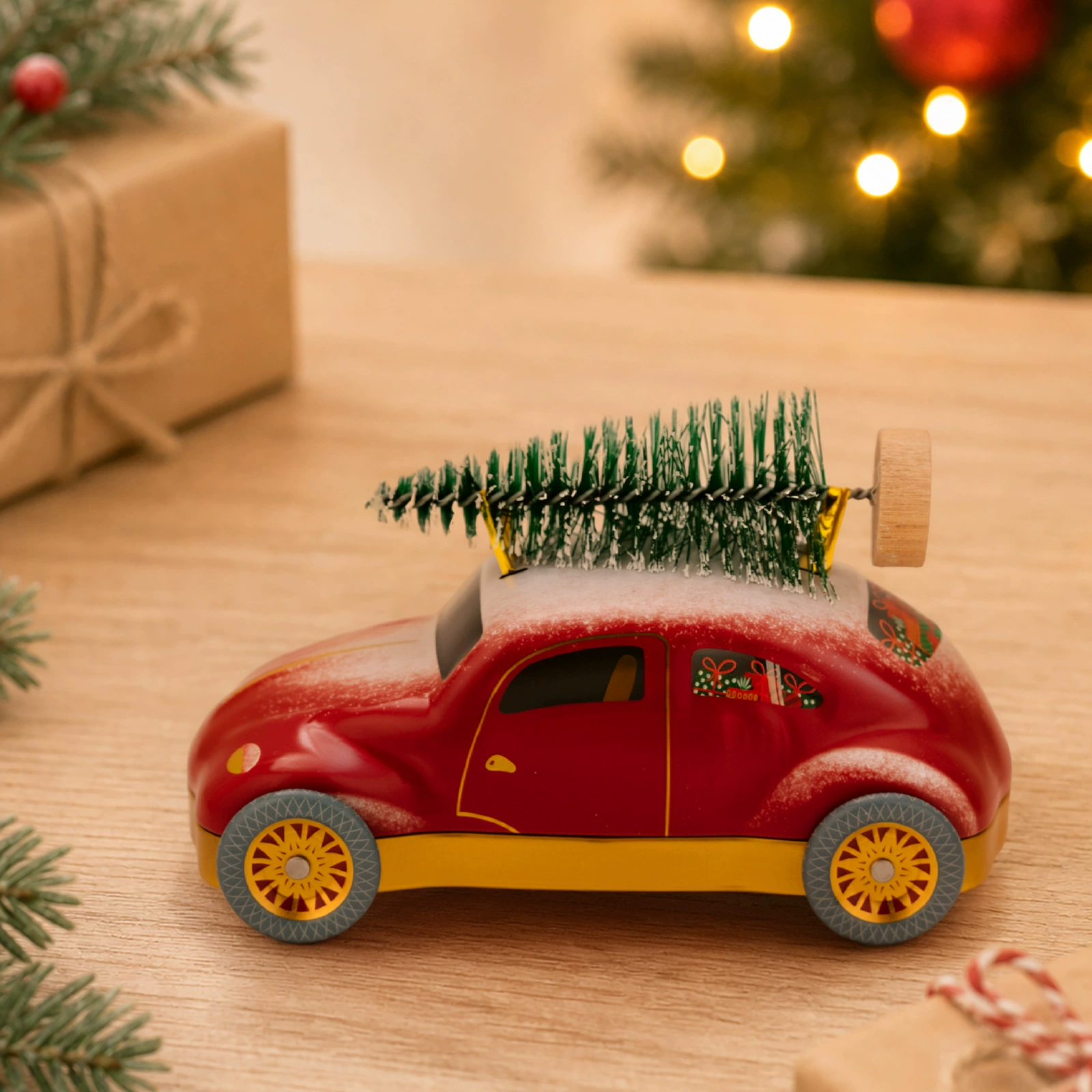 Vintage Red Car Christmas Tin Box - Image 2