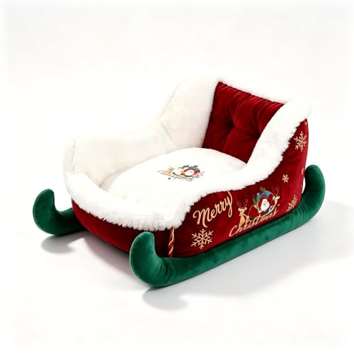 Christmas Sleigh Dog Bed – Plush Santa Paws Pet Sofa with Non-Slip Base, Washable Cozy Couch for Small Medium Large Dogs & Cats, Festive Holiday Themed Pet Bed S