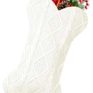 GOYOSWA Dog Christmas Stocking, 18 Inch Large Bone Shaped Knitted Stocking, Double-Side Hanging Xmas Gift Sack for Pets, White