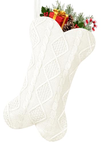 GOYOSWA Dog Christmas Stocking, 18 Inch Large Bone Shaped Knitted Stocking, Double-Side Hanging Xmas Gift Sack for Pets, White