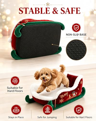 Christmas Sleigh Dog Bed – Plush Santa Paws Pet Sofa with Non-Slip Base, Washable Cozy Couch for Small Medium Large Dogs & Cats, Festive Holiday Themed Pet Bed S - Image 2