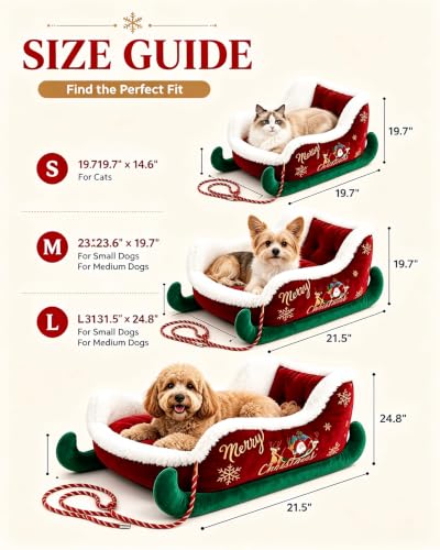 Christmas Sleigh Dog Bed – Plush Santa Paws Pet Sofa with Non-Slip Base, Washable Cozy Couch for Small Medium Large Dogs & Cats, Festive Holiday Themed Pet Bed S - Image 3