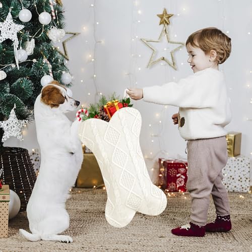 GOYOSWA Dog Christmas Stocking, 18 Inch Large Bone Shaped Knitted Stocking, Double-Side Hanging Xmas Gift Sack for Pets, White - Image 2