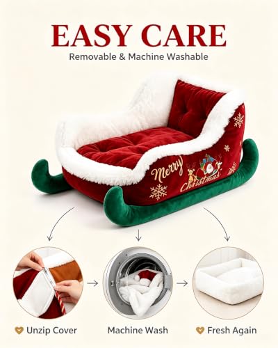 Christmas Sleigh Dog Bed – Plush Santa Paws Pet Sofa with Non-Slip Base, Washable Cozy Couch for Small Medium Large Dogs & Cats, Festive Holiday Themed Pet Bed S - Image 4