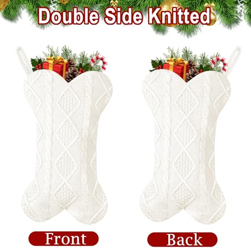 GOYOSWA Dog Christmas Stocking, 18 Inch Large Bone Shaped Knitted Stocking, Double-Side Hanging Xmas Gift Sack for Pets, White - Image 3