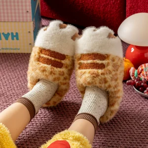 Cute Cat Paw Plush Slippers for Women, Fuzzy Warm Fleece Lined Indoor House Slippers, Non-Slip Soft Sole Winter Home Shoes