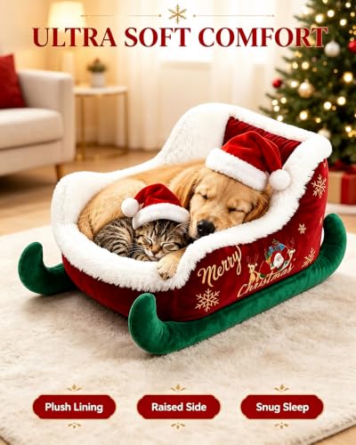 Christmas Sleigh Dog Bed – Plush Santa Paws Pet Sofa with Non-Slip Base, Washable Cozy Couch for Small Medium Large Dogs & Cats, Festive Holiday Themed Pet Bed S - Image 5