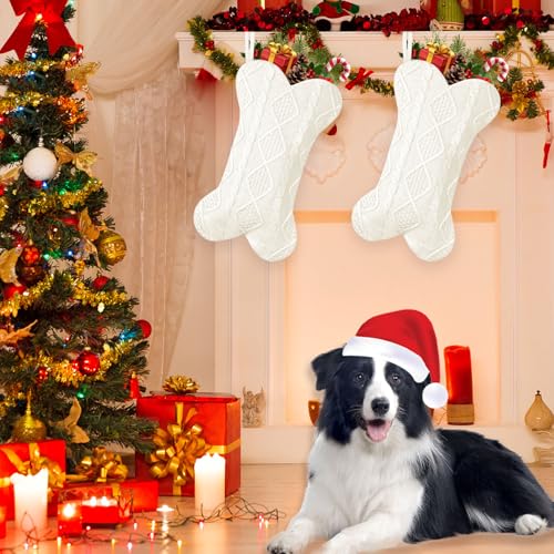 GOYOSWA Dog Christmas Stocking, 18 Inch Large Bone Shaped Knitted Stocking, Double-Side Hanging Xmas Gift Sack for Pets, White - Image 5
